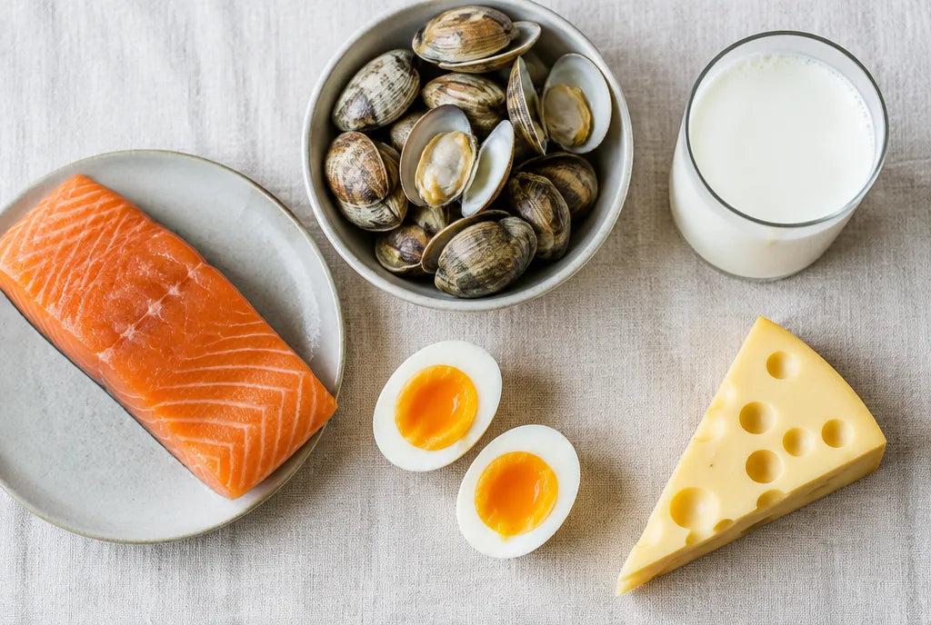 Vitamin B12 food sources: salmon, clams, eggs, milk and Swiss cheese