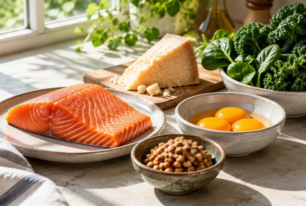Vitamin D and K2 food sources: salmon, egg yolks, natto, aged cheese and leafy greens
