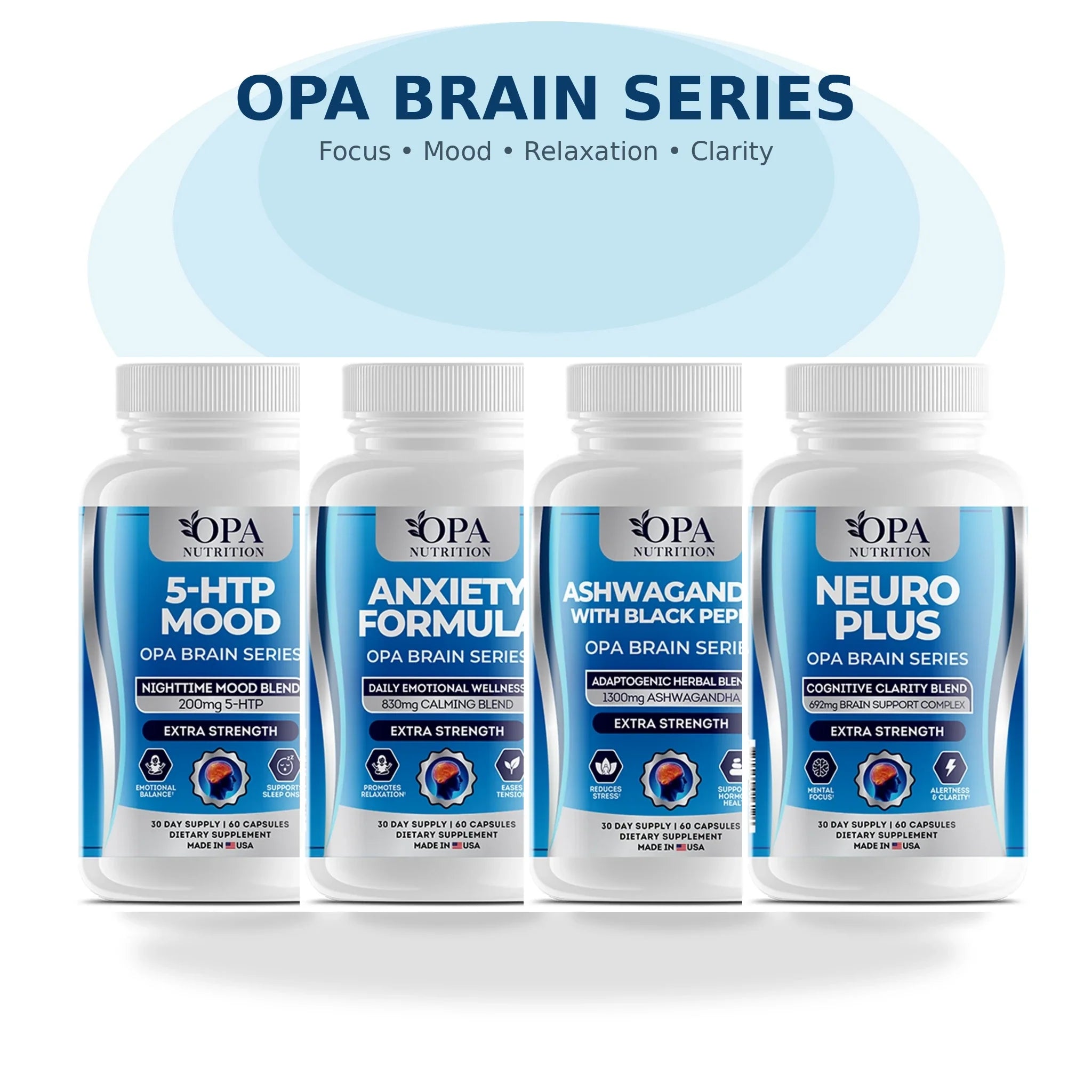 OPA Brain Series collection with 5-HTP Mood, Anxiety Formula, Ashwagandha, and Neuro Plus supplements