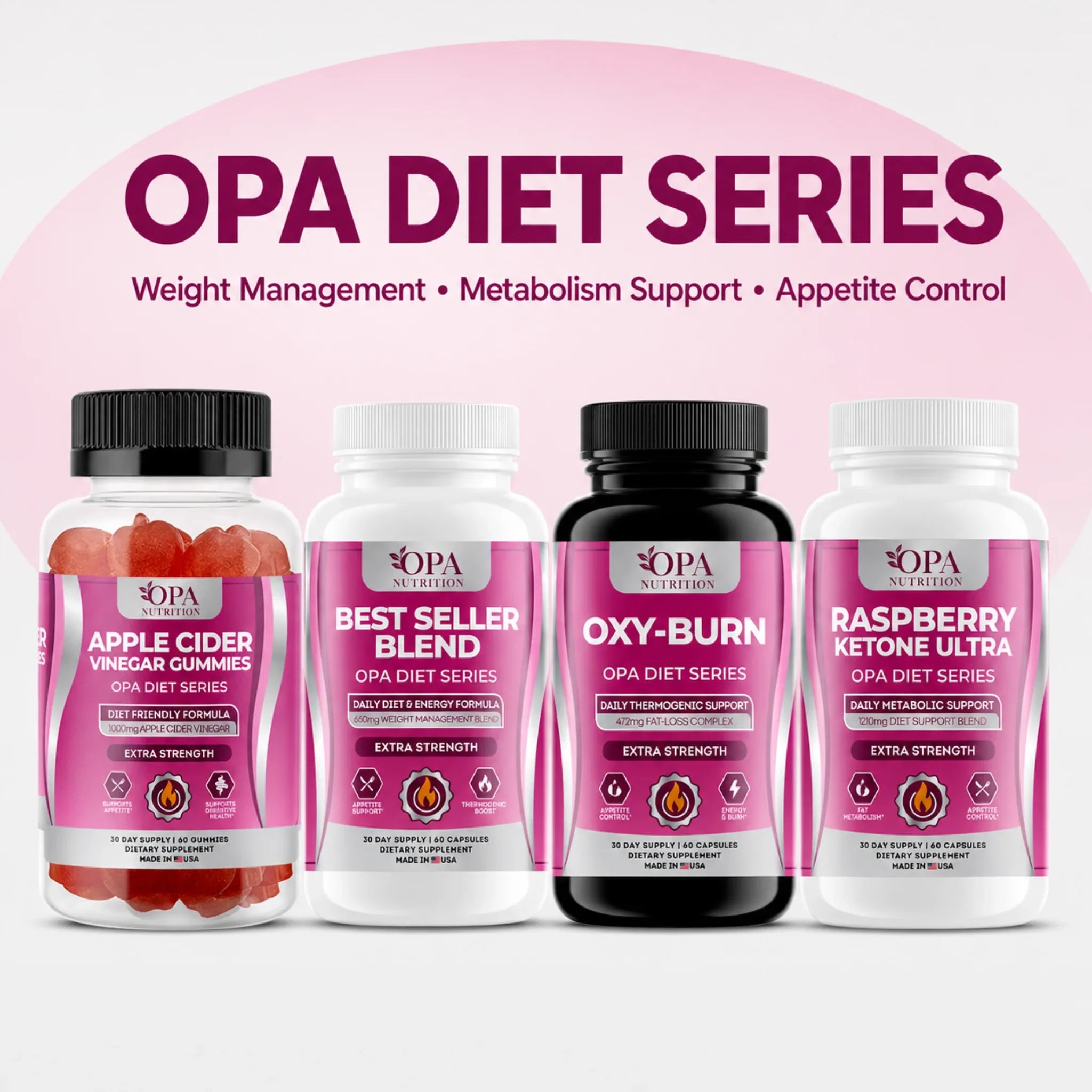 OPA Diet Series collection with apple cider vinegar gummies, Best Seller Blend, Oxy-Burn, and Raspberry Ketone Ultra