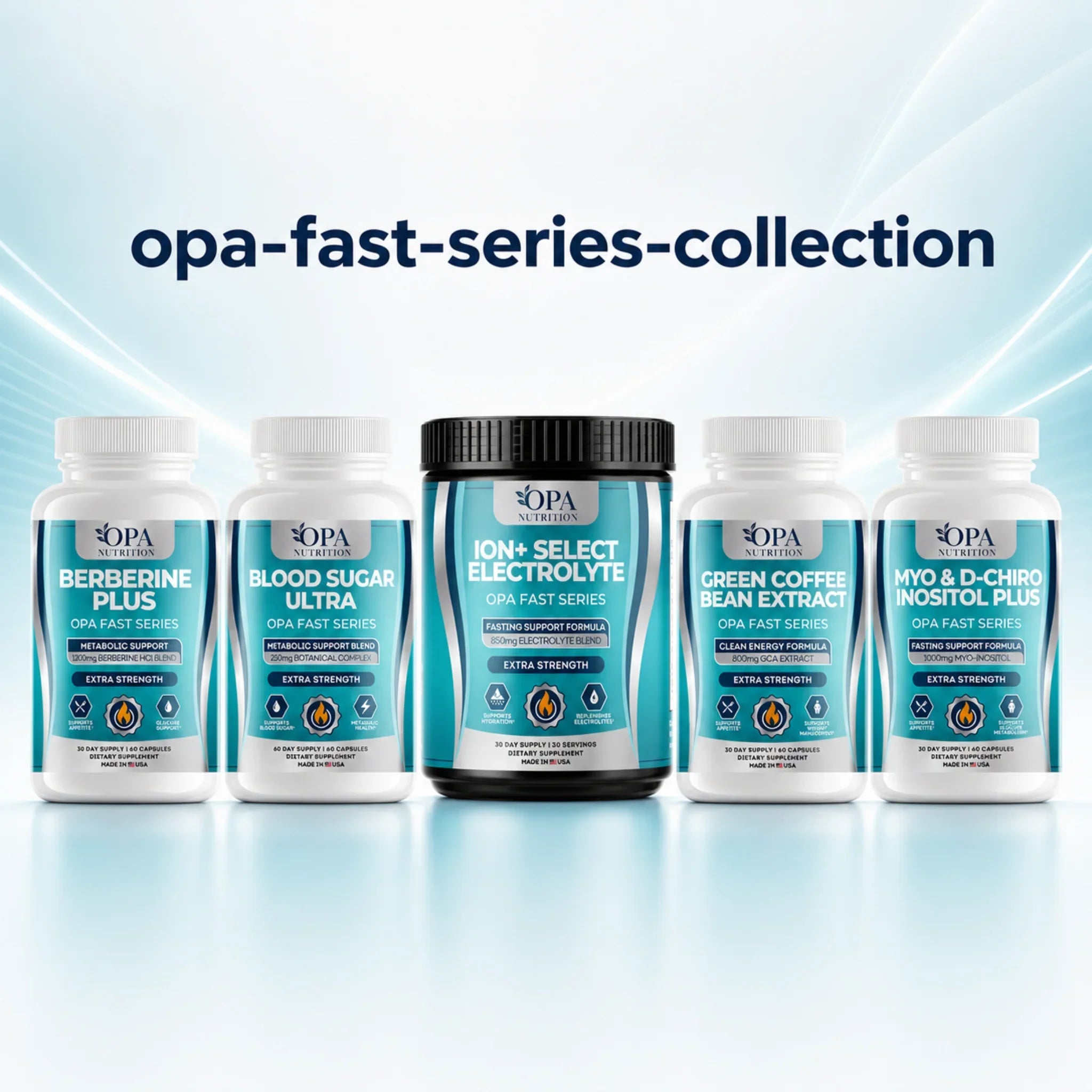 OPA Fast Series supplement collection with Berberine Plus, Blood Sugar Ultra, Ion+ Select Electrolyte, Green Coffee Bean Extract, and Myo & D-Chiro Inositol Plus.