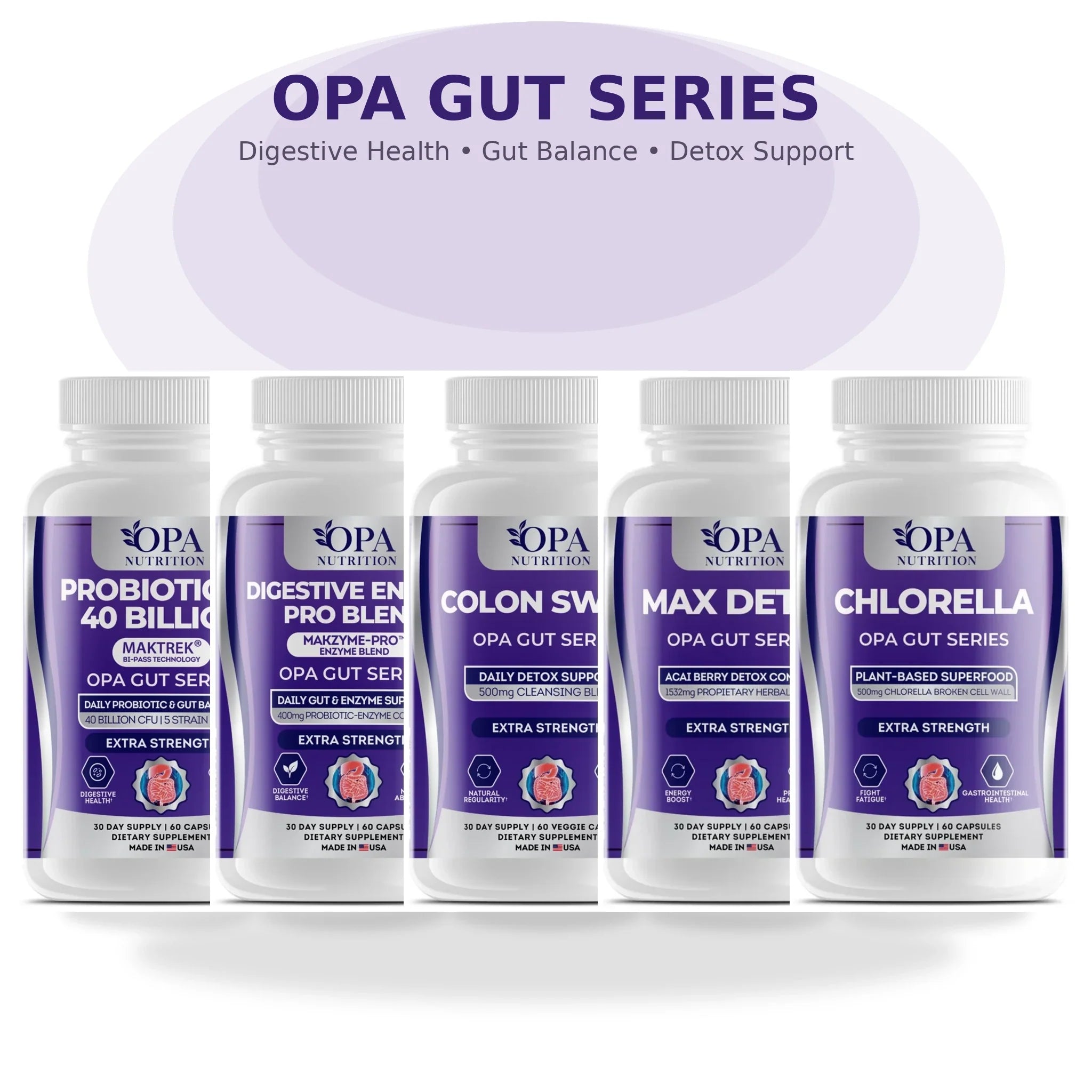 OPA Gut Series collection with Probiotic-40, Digestive Enzyme Pro Blend, Colon Sweep, Max Detox, and Chlorella supplements
