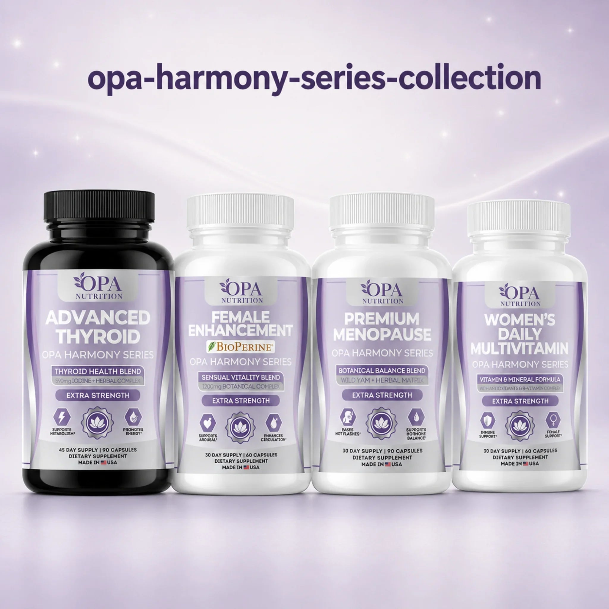 OPA Harmony Series collection featuring Advanced Thyroid, Female Enhancement, Premium Menopause, and Women’s Daily Multivitamin supplements.