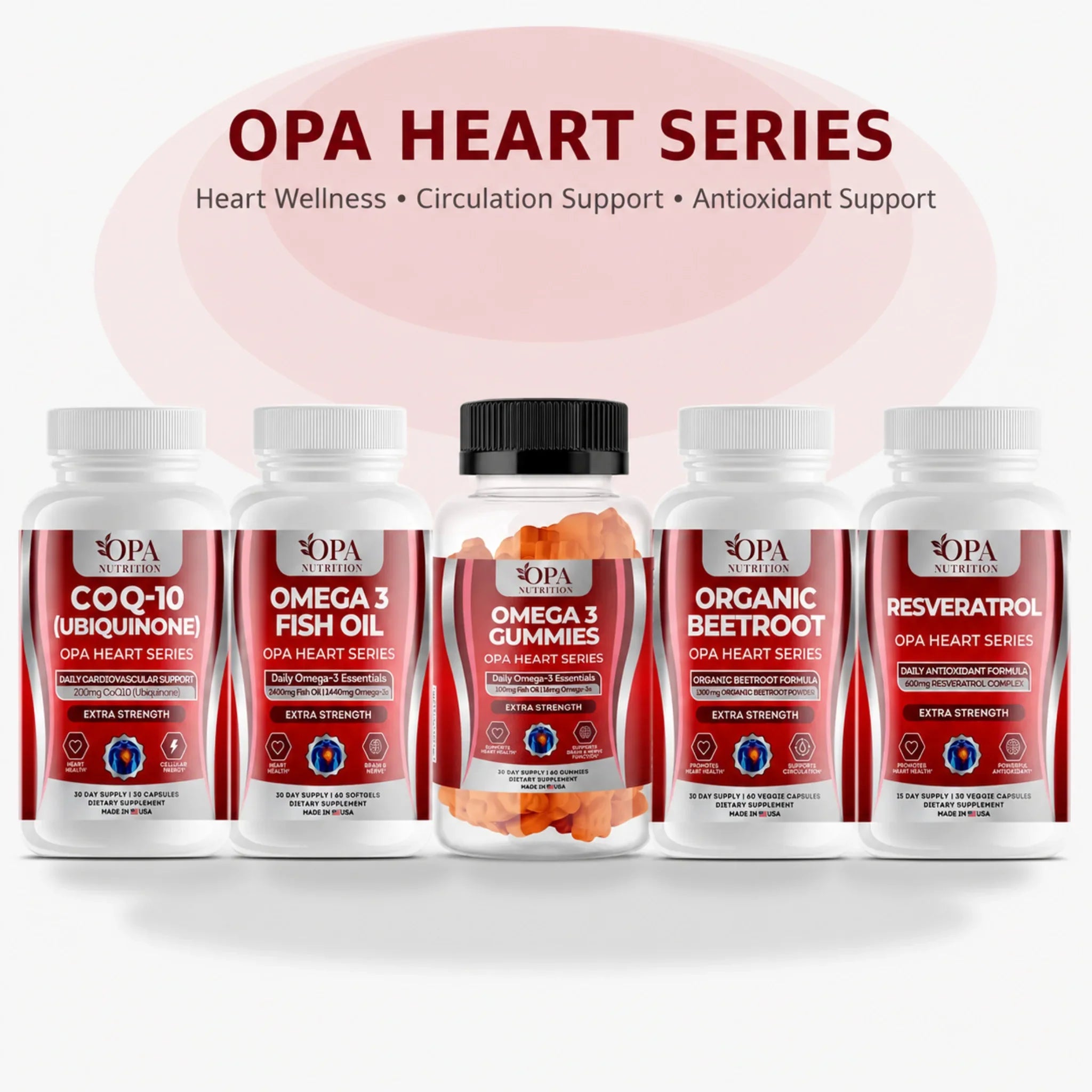 OPA Heart Series collection with CoQ-10, Omega 3 Fish Oil, Omega 3 Gummies, Organic Beetroot, and Resveratrol supplements
