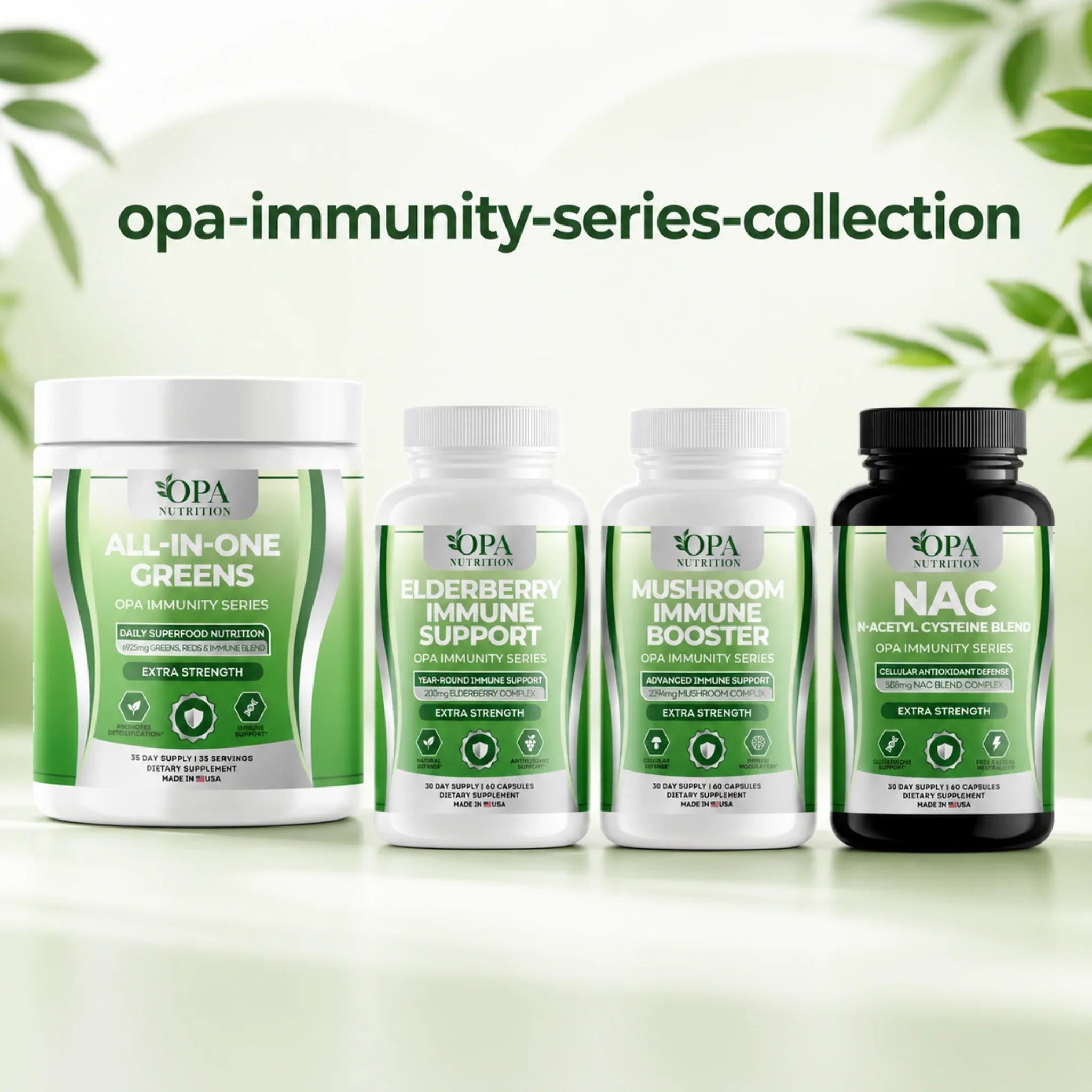 OPA Immunity Series collection featuring All-In-One Greens, Elderberry Immune Support, Mushroom Immune Booster, and NAC supplements.