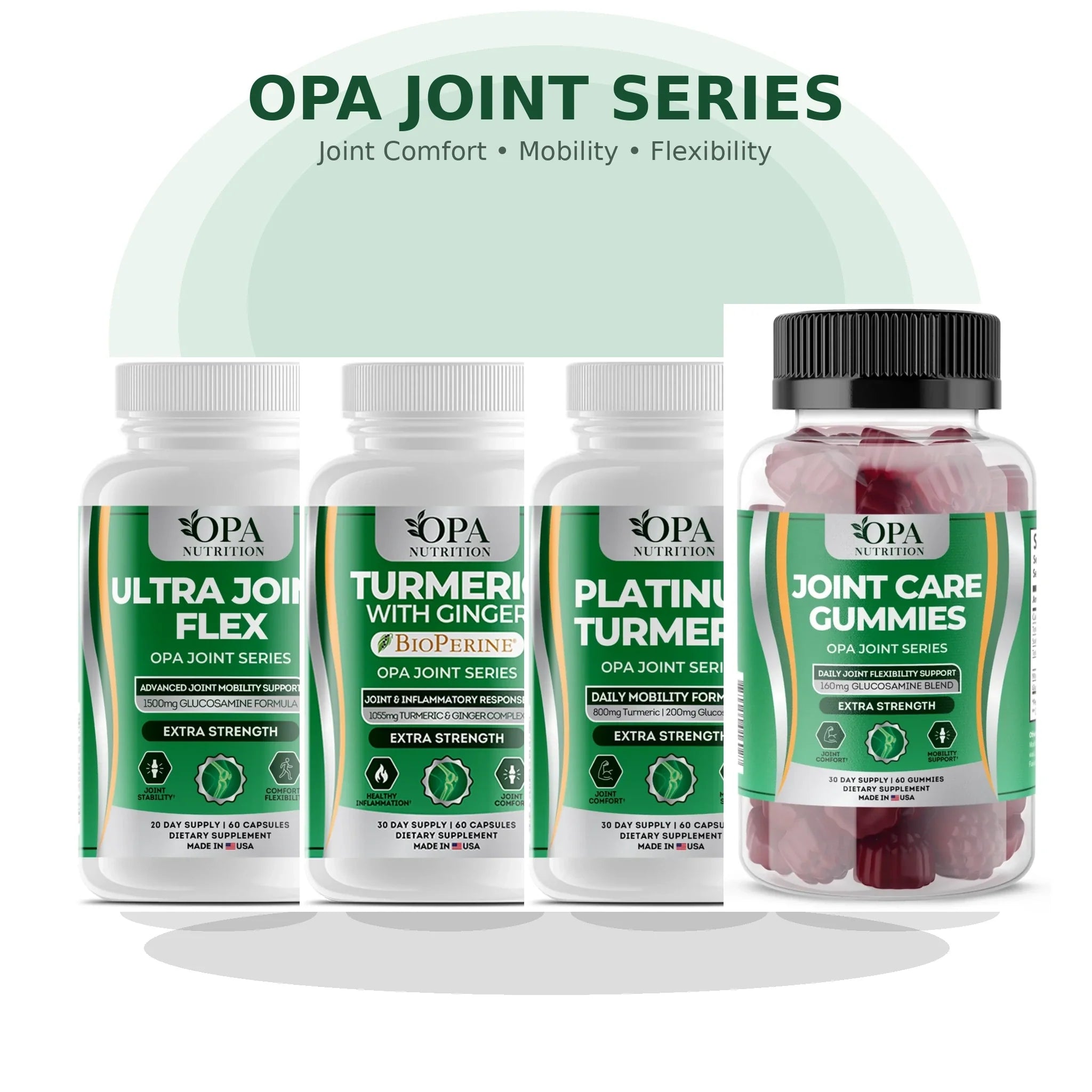 OPA Joint Series collection with Ultra Joint Flex, Turmeric with Ginger, Platinum Turmeric, and Joint Care Gummies supplements
