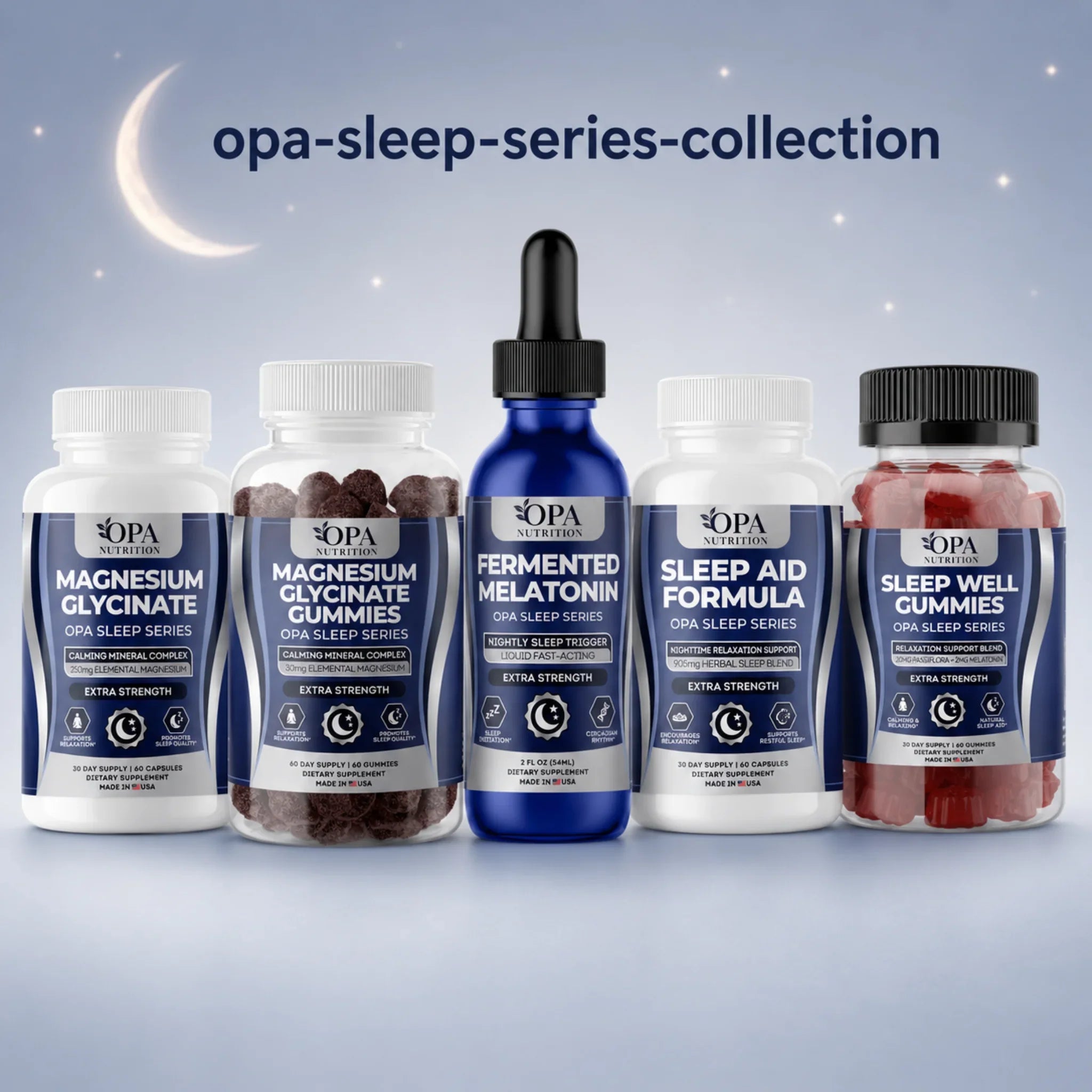 OPA Sleep Series collection with Fermented Melatonin, Magnesium Glycinate, Sleep Aid Formula, and Sleep Well Gummies