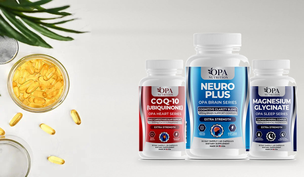 OPA Nutrition CoQ10, Neuro Plus and Magnesium Glycinate supplement bottles