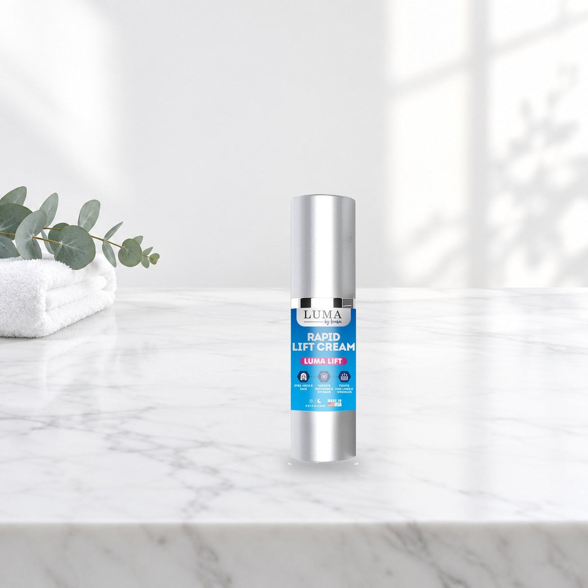 Luma Lift instant eye lift cream on a vanity