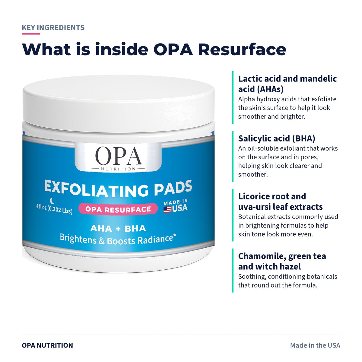 OPA Resurface Exfoliating Pads key ingredients