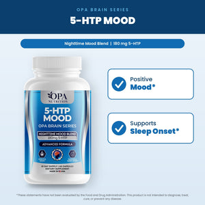 OPA Nutrition 5-HTP Mood benefits graphic: positive mood and supports sleep onset