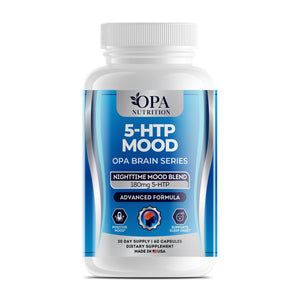 OPA Nutrition 5-HTP Mood capsules bottle, front label with 180 mg 5-HTP