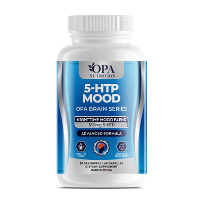 OPA Nutrition 5-HTP Mood capsules bottle, front label with 180 mg 5-HTP