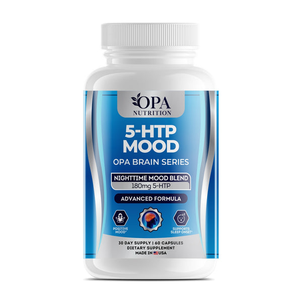 OPA Nutrition 5-HTP Mood capsules bottle, front label with 180 mg 5-HTP