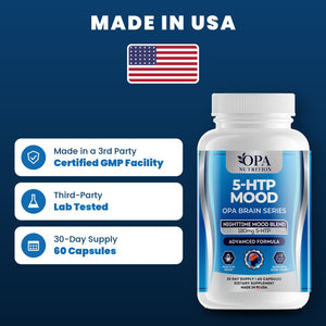 OPA Nutrition 5-HTP Mood quality standards: made in a GMP facility, third-party lab tested, 30-day supply