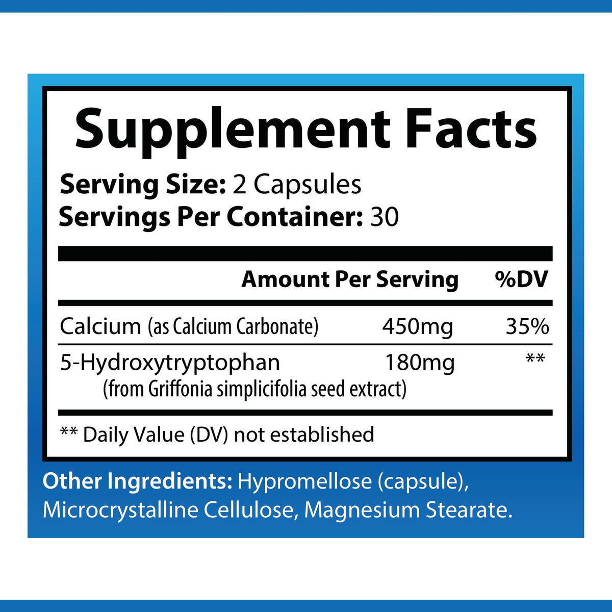 OPA Nutrition 5-HTP Mood Supplement Facts panel showing serving size and amounts per serving