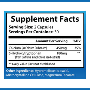 OPA Nutrition 5-HTP Mood Supplement Facts panel showing serving size and amounts per serving