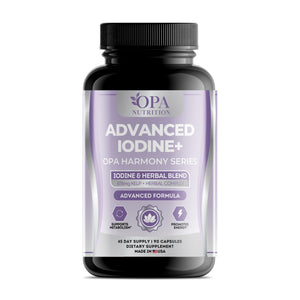 OPA Nutrition Advanced Iodine+ capsules bottle, front label with iodine and kelp