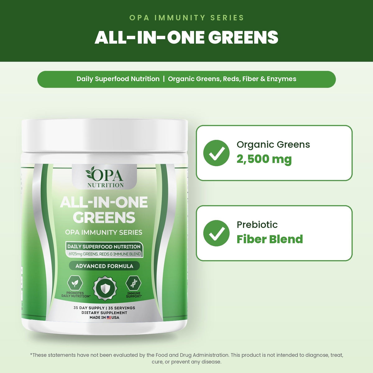 OPA Nutrition All-in-One Greens benefits graphic: promotes daily nutrition and immune support