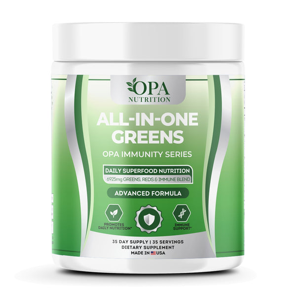 OPA Nutrition All-in-One Greens superfood powder bottle, front label with greens, reds and enzyme blend