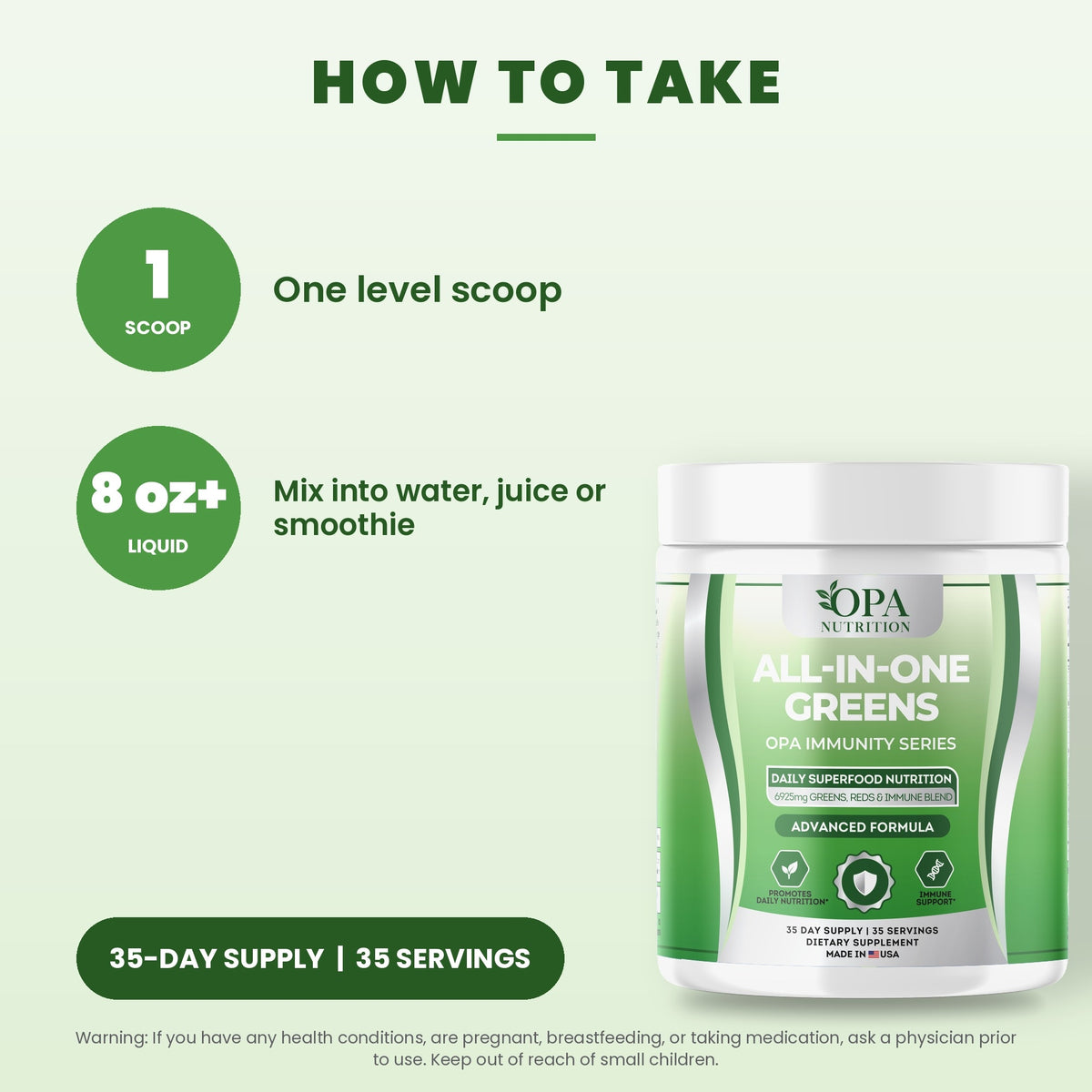 OPA Nutrition All-in-One Greens suggested use directions for superfood powder