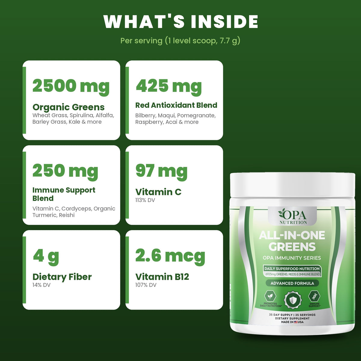 OPA Nutrition All-in-One Greens key ingredients: greens, reds and enzyme blend