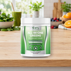 OPA Nutrition All-in-One Greens superfood powder bottle in a daily routine setting
