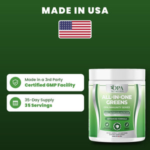 OPA Nutrition All-in-One Greens quality standards: made in a GMP facility, 35-day supply