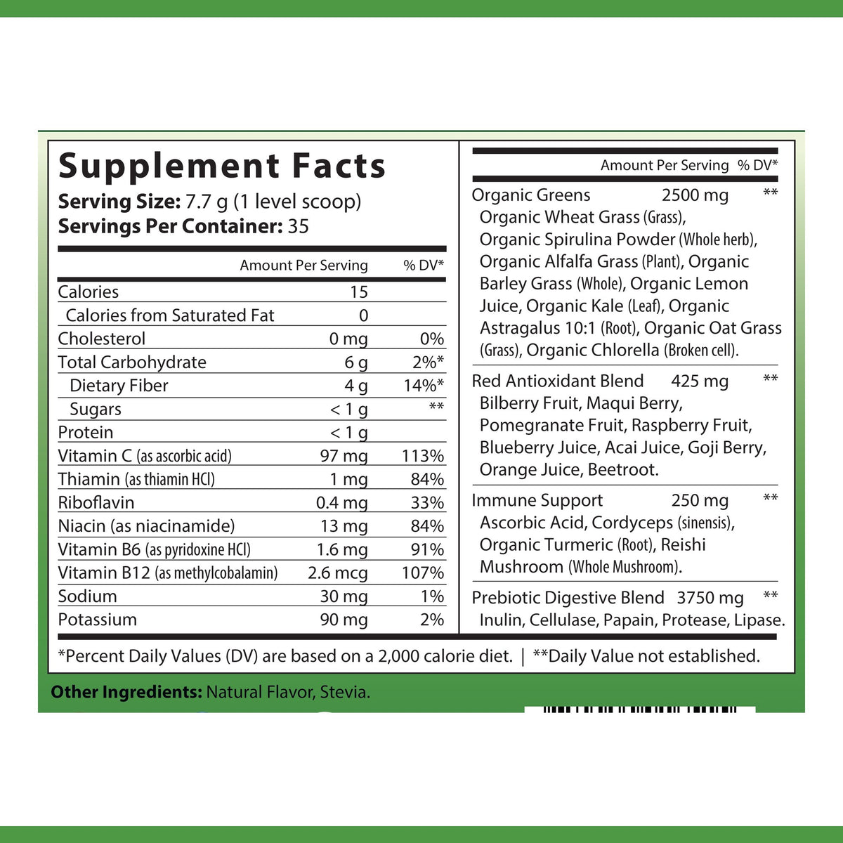 OPA Nutrition All-in-One Greens Supplement Facts panel showing serving size and amounts per serving