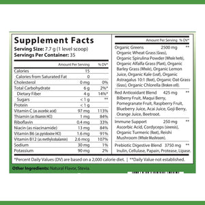 OPA Nutrition All-in-One Greens Supplement Facts panel showing serving size and amounts per serving