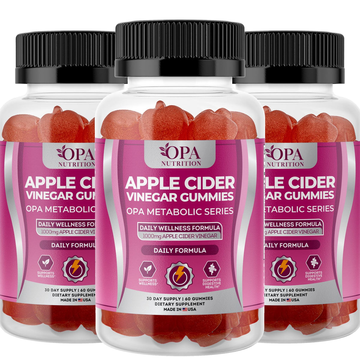 OPA Nutrition Apple Cider Vinegar Gummies, 3-pack of bottles