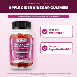 OPA Nutrition Apple Cider Vinegar Gummies benefits graphic: supports wellness and supports digestive health
