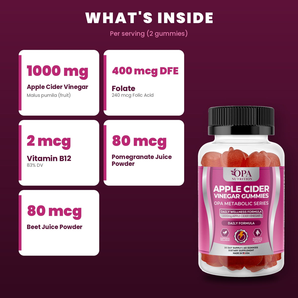OPA Nutrition Apple Cider Vinegar Gummies key ingredients: 1000 mg apple cider vinegar