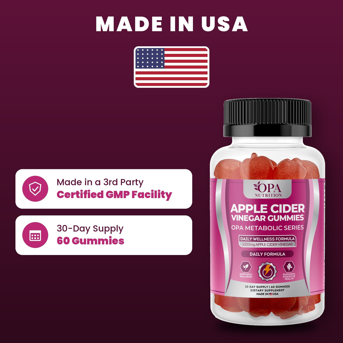 OPA Nutrition Apple Cider Vinegar Gummies quality standards: made in a GMP facility, 30-day supply