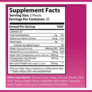 OPA Nutrition Apple Cider Vinegar Gummies Supplement Facts panel showing serving size and amounts per serving