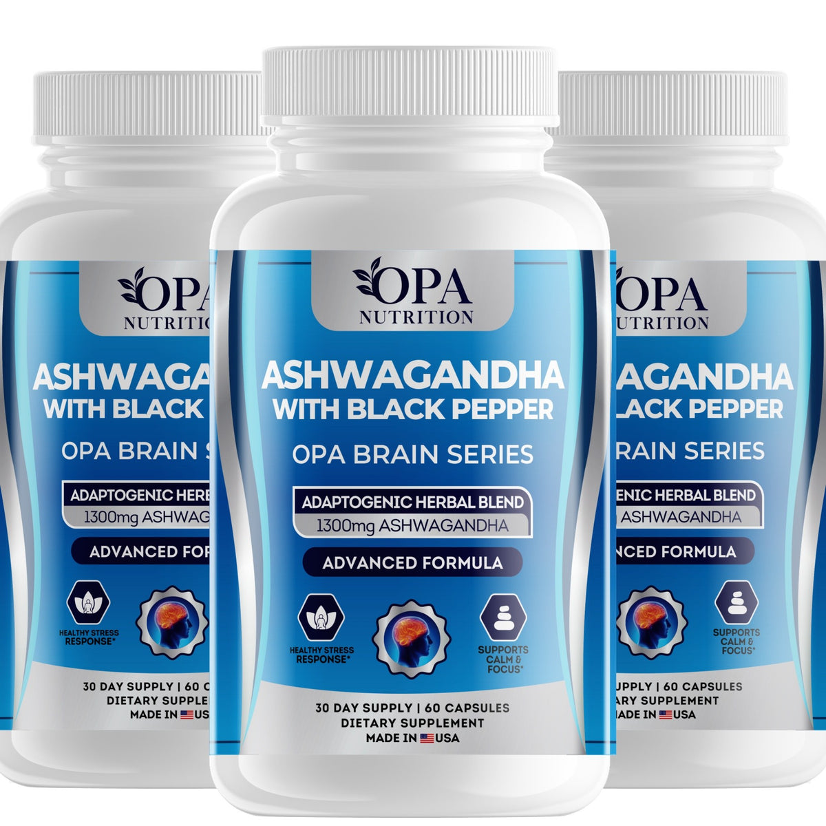 OPA Nutrition Ashwagandha with Black Pepper veggie capsules, 3-pack of bottles