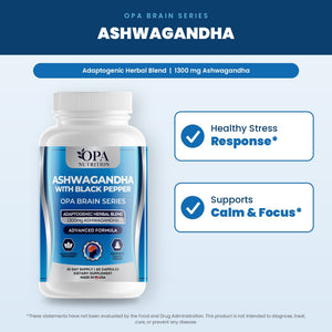 OPA Nutrition Ashwagandha with Black Pepper benefits graphic: healthy stress response and supports calm & focus
