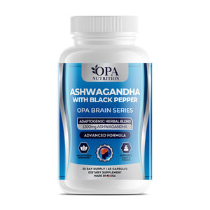 OPA Nutrition Ashwagandha with Black Pepper veggie capsules bottle, front label with 1300 mg ashwagandha with black pepper