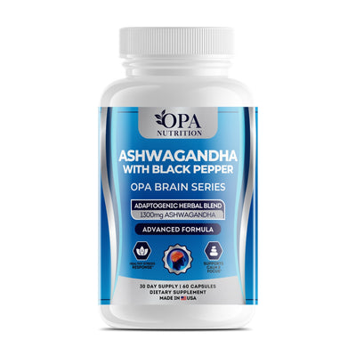OPA Nutrition Ashwagandha with Black Pepper veggie capsules bottle, front label with 1300 mg ashwagandha with black pepper