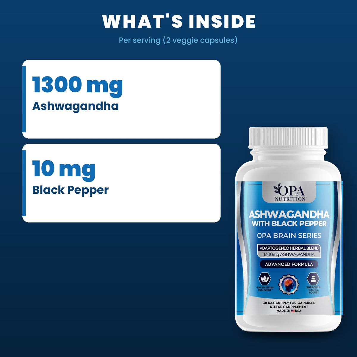 OPA Nutrition Ashwagandha with Black Pepper key ingredients: 1300 mg ashwagandha with black pepper