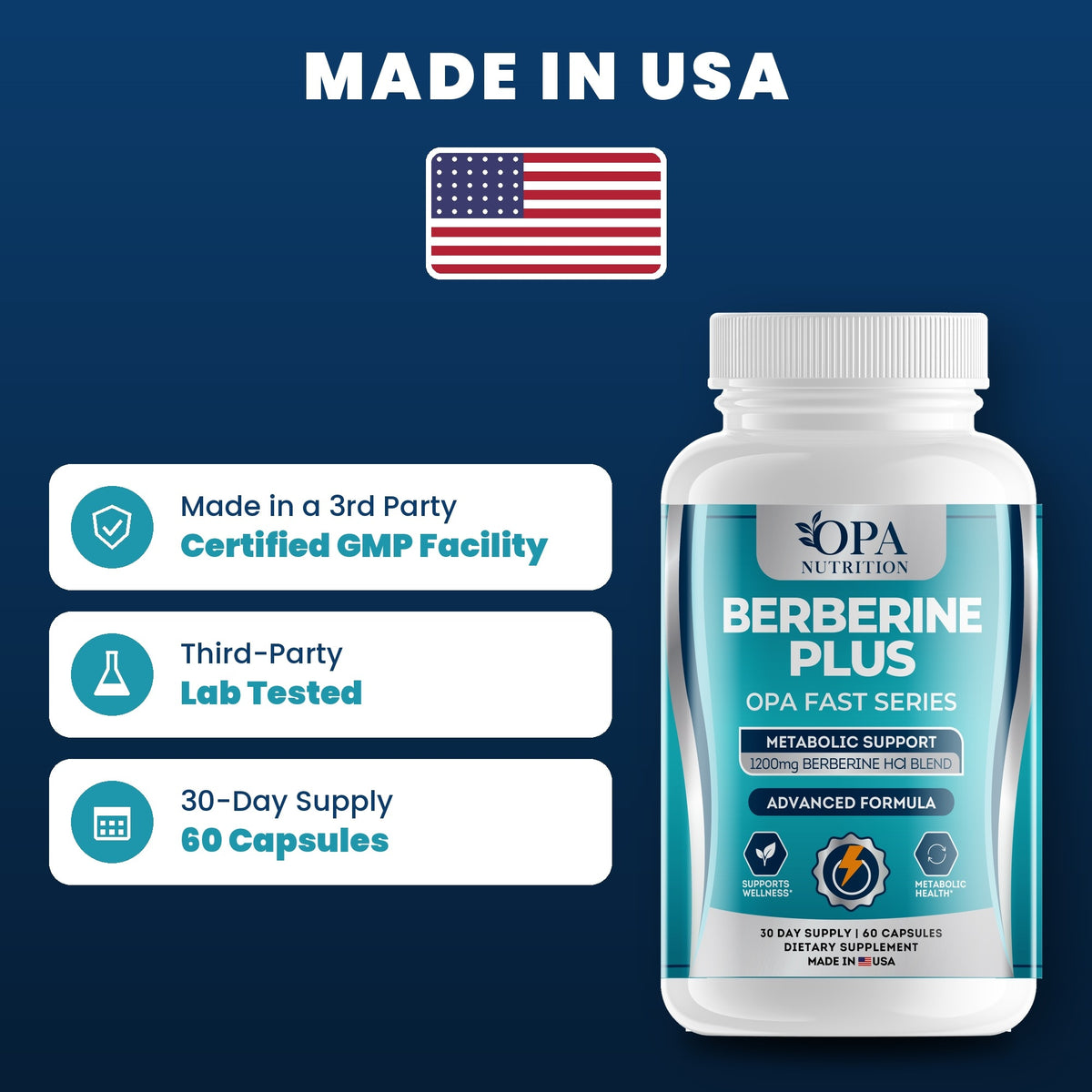 OPA Nutrition Berberine Plus quality standards: made in a GMP facility, third-party lab tested, 30-day supply