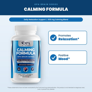 OPA Nutrition Calming Formula benefits graphic: promotes relaxation and positive mood
