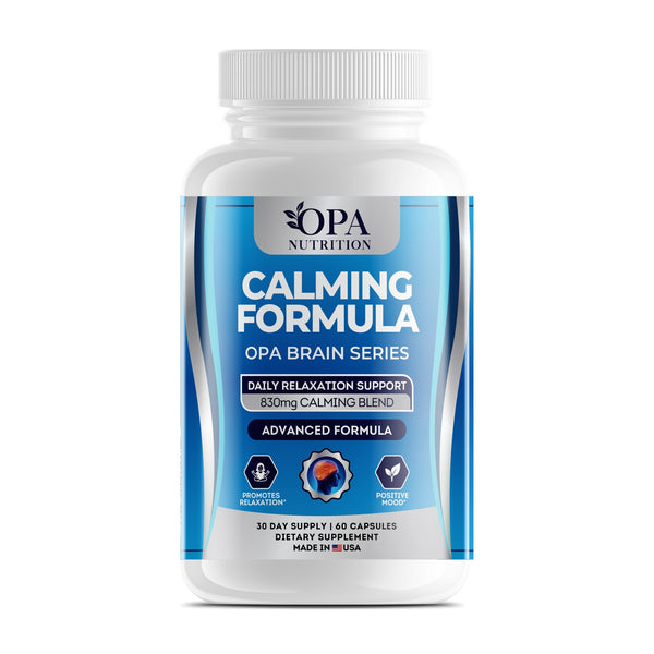 OPA Nutrition Calming Formula capsules bottle, front label with B vitamins and calming botanical blend