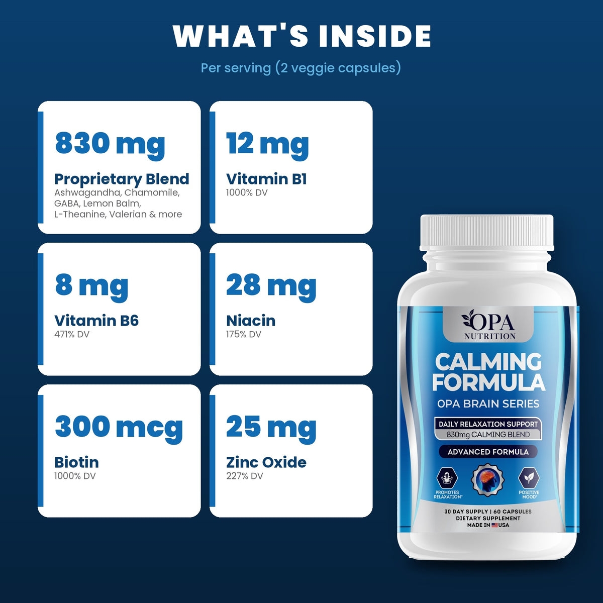 OPA Nutrition Calming Formula key ingredients: B vitamins and calming botanical blend