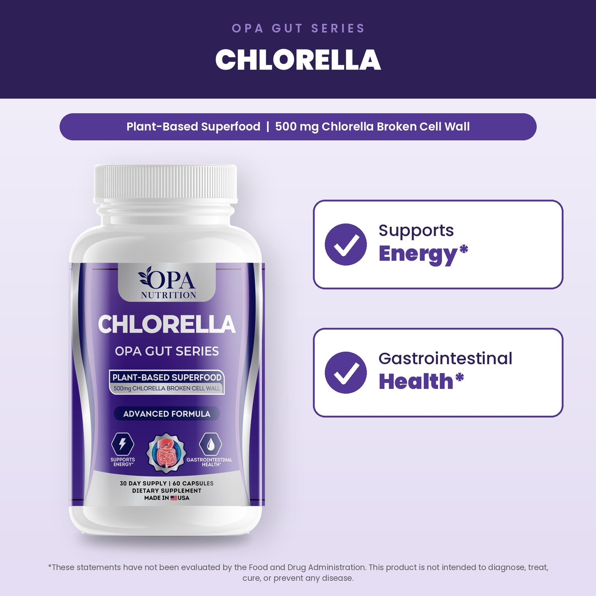 OPA Nutrition Chlorella benefits graphic: supports energy and gastrointestinal health