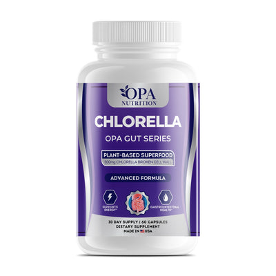 OPA Nutrition Chlorella capsules bottle, front label with 500 mg broken cell wall chlorella