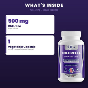 OPA Nutrition Chlorella key ingredients: 500 mg broken cell wall chlorella