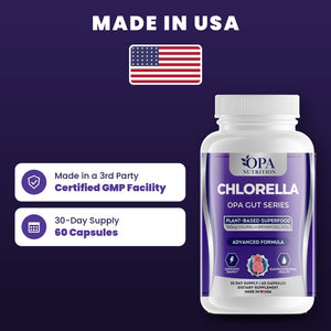 OPA Nutrition Chlorella quality standards: made in a GMP facility, 30-day supply