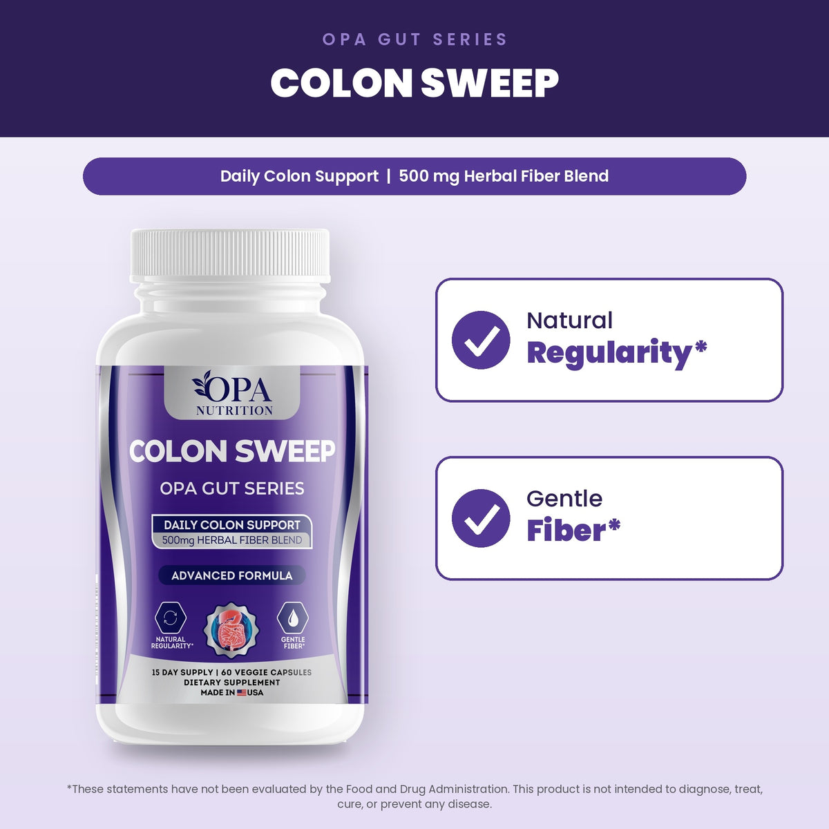 OPA Nutrition Colon Sweep benefits graphic: natural regularity and gentle fiber