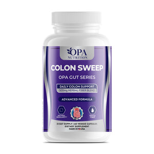 OPA Nutrition Colon Sweep veggie capsules bottle, front label with psyllium, oat and herbal fiber blend